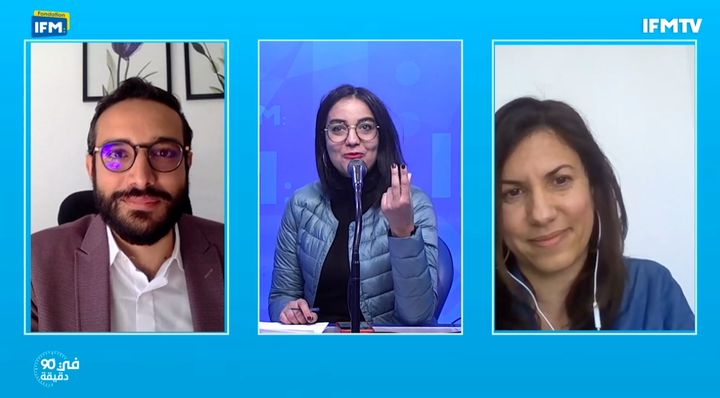 Amine Riahi on a three-way video call on the IFM TV set, next to the host and another guest